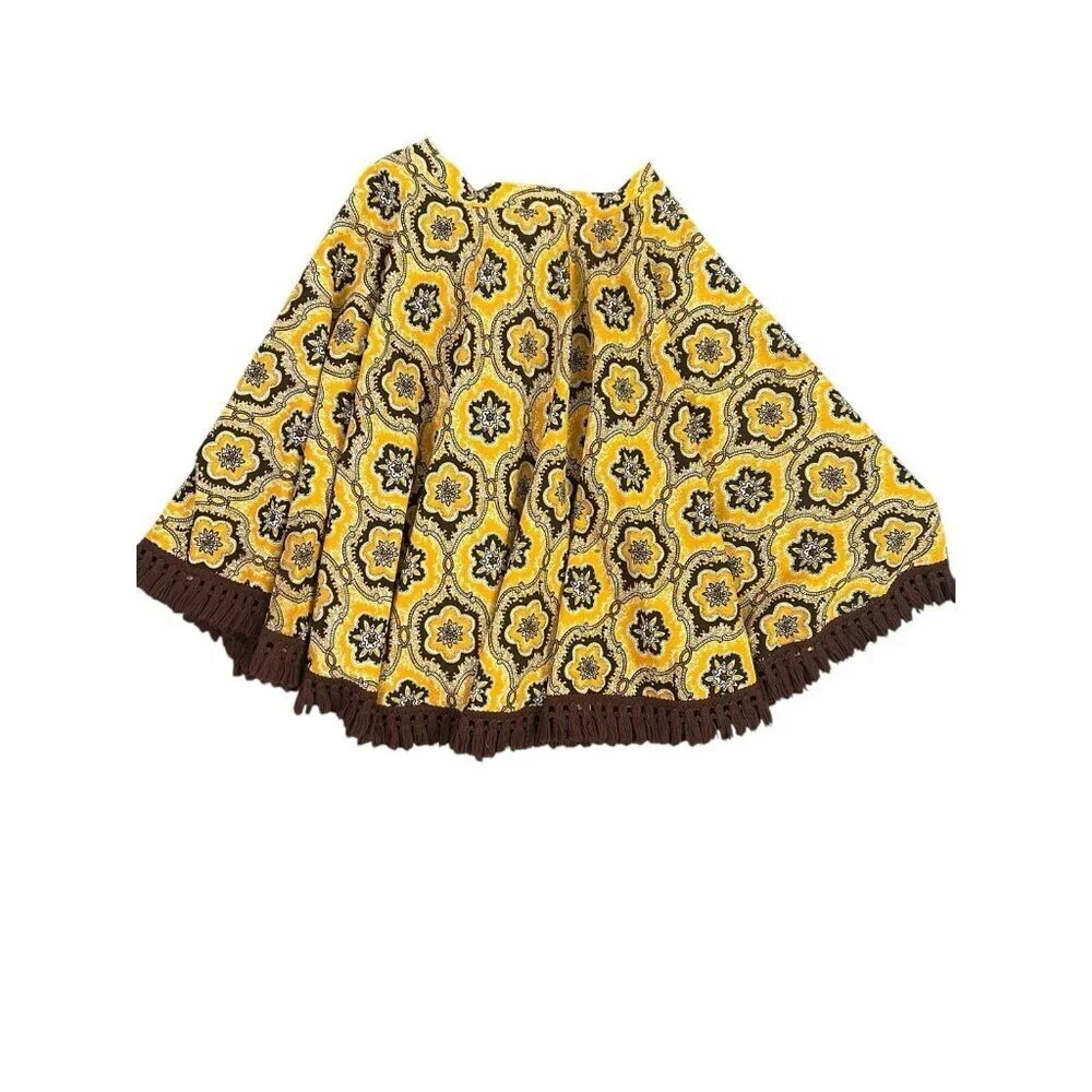 Vtg Midi Full Skirt Yellow Brown Tassels Waist 60s 70s Retro Talon Zipper